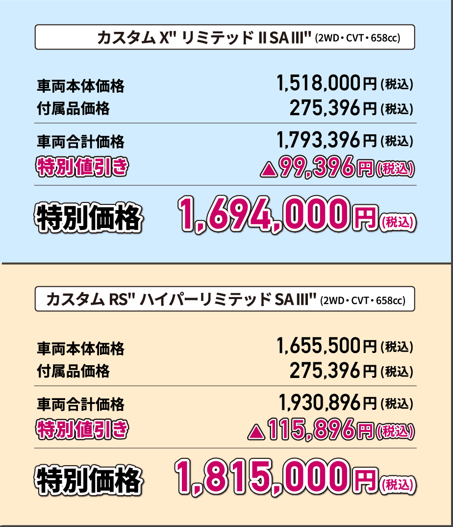 カスタムX"リミテッドII SA III"(2WD・CVT・658cc) 特別価格1,694,000円(税込) カスタムRS"ハイパーリミテッド SA III"(2WD・CVT・658cc) 特別価格1,815,000円(税込)